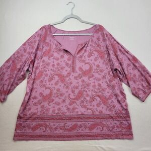 Pure J Jill Split Neck Border Paisley Printed Top 3/4 Sleeve Peasant Purple 2x